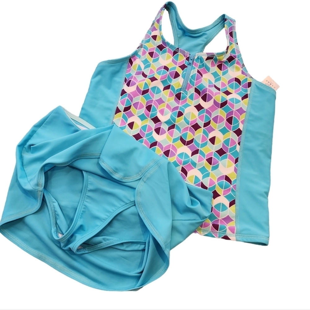 Lands' End 2 piece Tankini Skirt Swimsuit Girls Size 14 Blue Purple‎ Green White